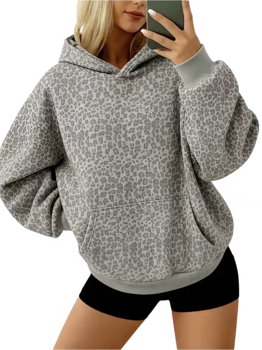 Women's Grey Leopard Print Hooded Sweatshirt
